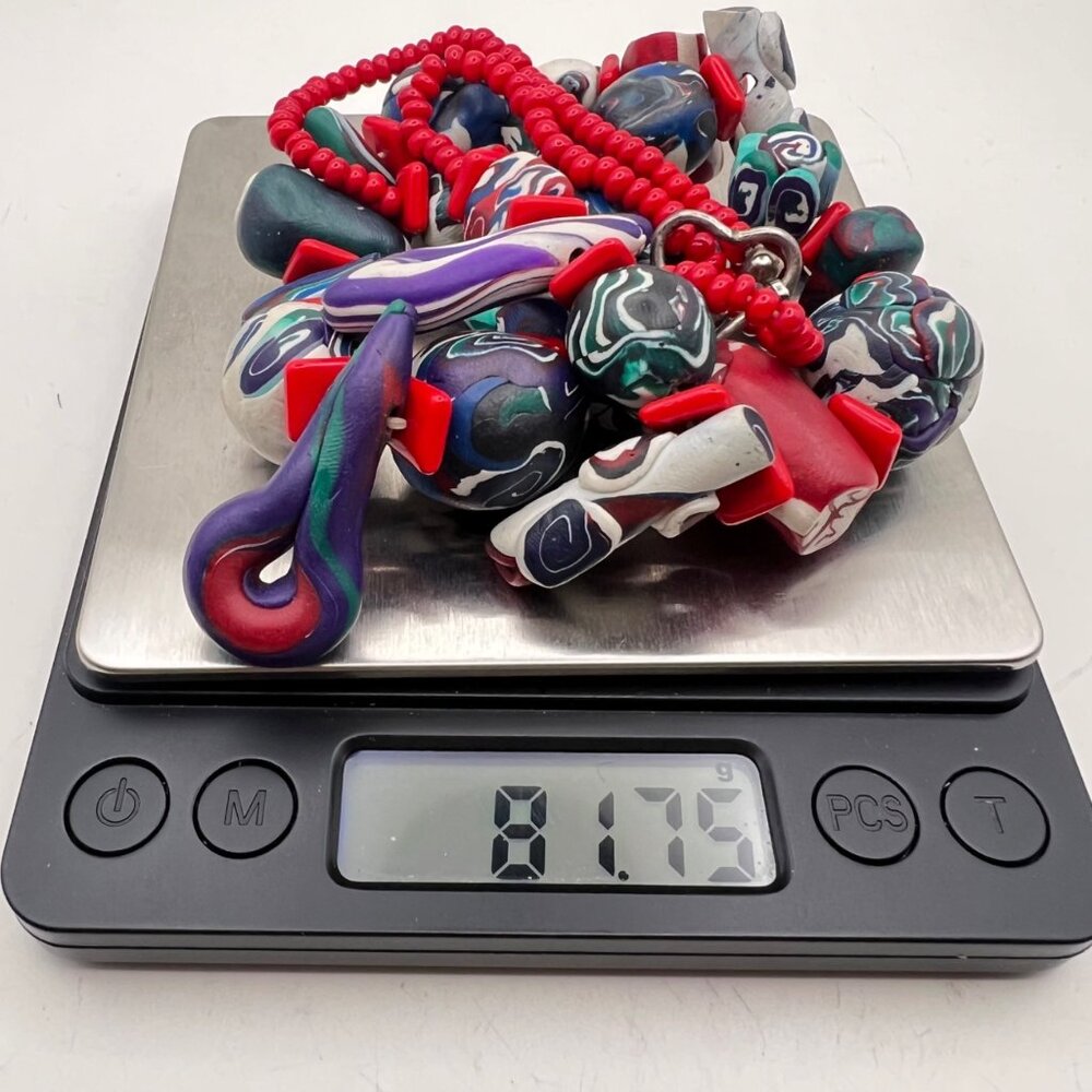 Vintage Handmade Polymer Clay Necklace Sterling Silver Clasp 24" Red Blue Art - Picture 8 of 16